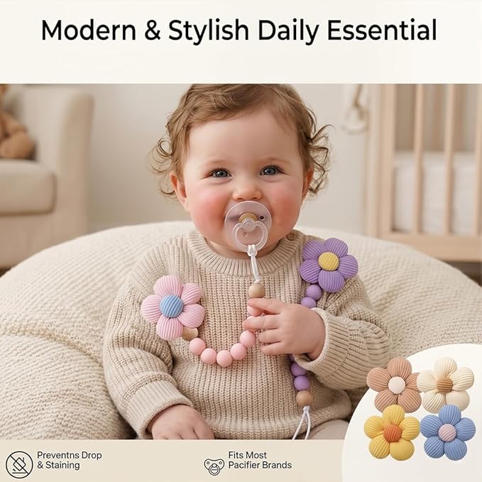 2pcs Flower Pacifier Clip, Silicone Bead Pacifier Clip for Baby Girls Pink Purple Color Daisy Birthday Christmas Gift(B)