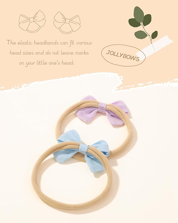 jollybows 20pcs Baby Girl Bow Headbands Newborn Nylon Hairband 2" Neutral Linen Infant Hair Bows