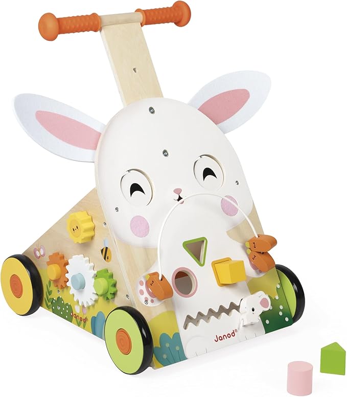 Janod - Farm Multi-Activity Trolley - Wooden Push Cart - 9 Activities - Patented Brake System and Silent Wheels - Developmental Toy for Children - From 12 Months - J03326