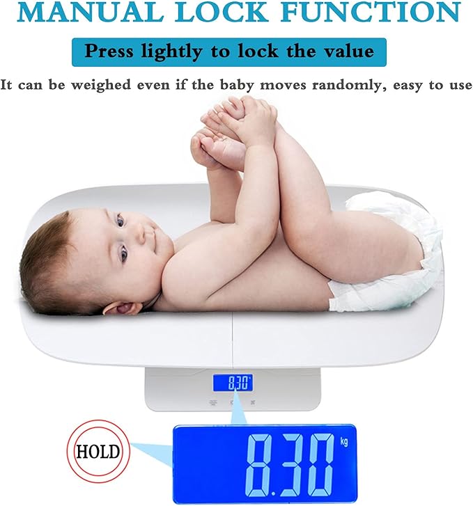 Baby Scale, Digital Baby Scale with Hold Function, Large LCD Display, Capacity 220Ib, Accurate to 10G, Height Measurement Range 0-60Cm (White)
