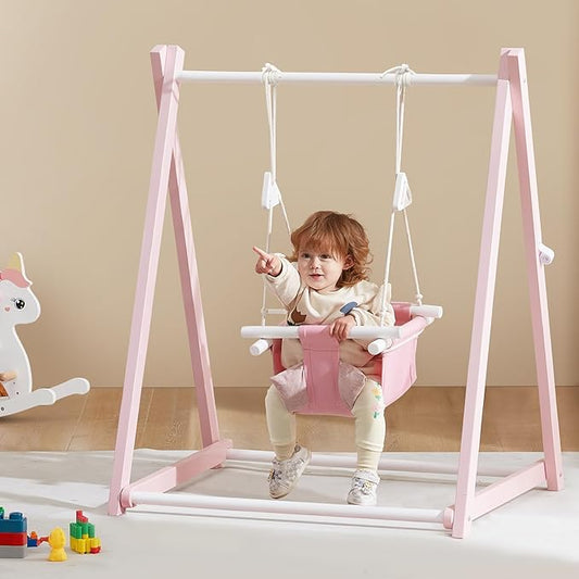 FUNLIO Montessori Wooden Swing Set for Toddlers 6-36 Months, Foldable Indoor Baby Swing Set of Durable Pine, Portable with 4 Sandbags &Extension Straps, Toddler Swing for Indoor/Outdoor-Pink