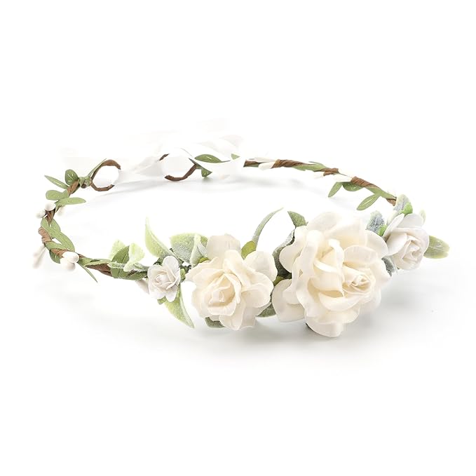 Flower Girl Flower Crown Pink Baby Girls Floral Headpieces Kids Headband Children Hair Wreath Photo Prop (White-Child Size)