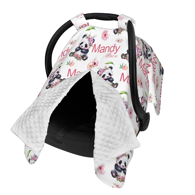Personalized Baby Car Seat Canopy for Babies, Custom Name Baby Car Seats Covers for Girls, Opening Minky Nursing Breastfeeding Cover for Infant, Carseat Canopies for Newborn (Floral Panda Bear)