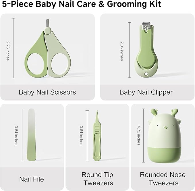 4-in-1 Baby Nail Care Set 02 – Safe Nail Clipper, Scissors, File & Tweezer with Cute Deer Case – Mild & Safe Manicure Pedicure Set for Newborns, Babies & Little Kids – Green