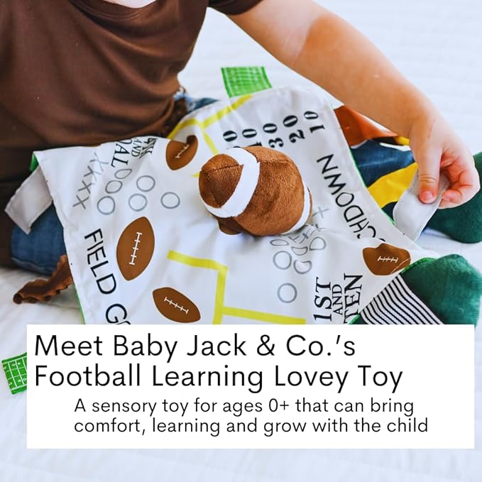 Baby Jack & Co 10x10” Football Sports Lovey Sensory Plush Blanket - Tag Toys for Babies - Baby Stroller Toys - Learn Shapes, Letters & Colors - MVP Baby Ball Toy & Baby Sports Gift