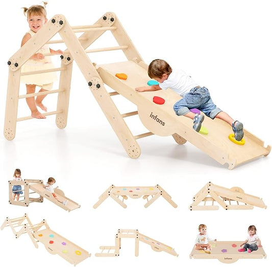 INFANS 12 in 1 Climbing Toys for Toddlers, Upgrade Wooden Montessori Foldable Triangle Climber Set with Reversible Ramp Slide Ladder Seesaw, Indoor Pikler Climb Activity Jungle for Kids Age 3+