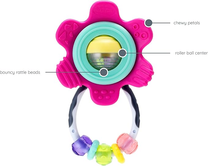 Infantino Spin & Teethe Gummy Pink Flower Rattle - Easy to Grab, Chewy Rings, Multi-Texutre Petals, Roller Ball Center - Teething & Sensory Play, Ages 0 Months +