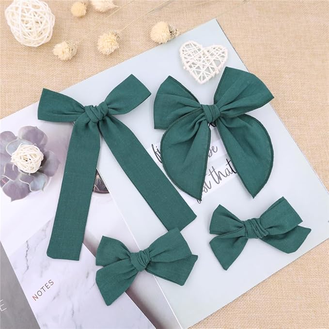 3 Styles Hair Bow Clips for Little Girls Toddler Baby Mom Women Hair Barrettes Accessories 4 Pcs Cotton Linen Bows Forest Green