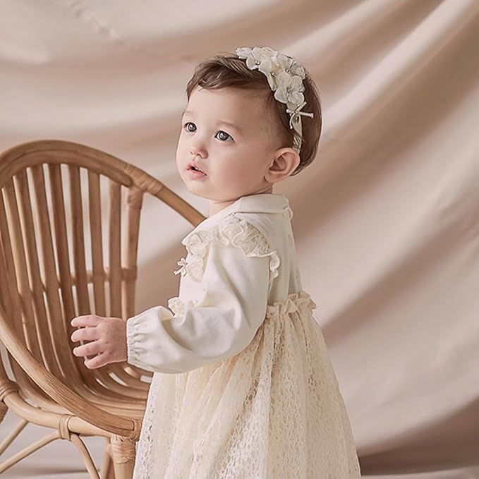 Baby Girls Hairband White Bow Lace Headbands Handmade Soft Stretchy Wide Head Band Newborn Hairbands with Bows Pearls Elastic Headband for Infant Hair Accessories（Beige Lace Flower）
