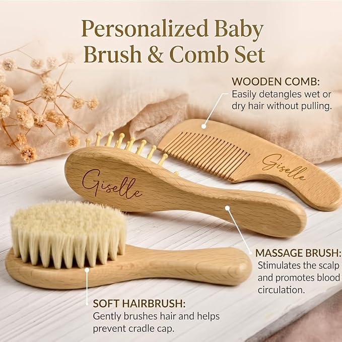 3Pcs Personalized Wooden Baby Hair Brush and Comb Bristles,Custom Newborn Soft Hair Baby Gift