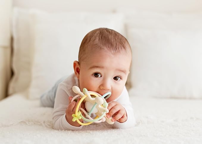 Cosmo Silicone Baby Rattle Teether – Pastel | BPA-Free 3D Sensory Teething Toy | Multi-Textured Chewable Arms & Pullable Rings | Food Grade Silicone | Developmental Grip Toy 3-36 Months
