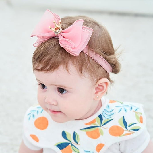 Cute Baby Girl Headband with Lace Bow and Crown Elastic Lace Bow Hair Band Newborn to Toddler Hair Accessory Shower Birthday Party Gift (Pink, Free)