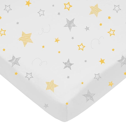American Baby Company 100% Natural Cotton Fitted Pack and Play Sheet 39" x 27" - Soft & Breathable Pack N Play Sheet for Playpen, Playard & Mini Crib Mattress, Yellow Super Star, for Boys & Girls