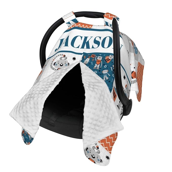 Personalized Baby Car Seat Canopy for Boys Girls, Custom Name Baby Car Seats Covers for Babies, Opening Minky Nursing Breastfeeding Stroller Cover Infant Carseat Canopies for Newborn (Robot)