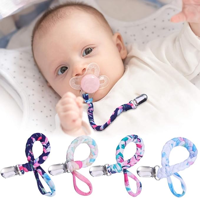 4 Pieces Pacifier Clips for Infant Boys and Girls Universal Pacifier Holder Hand-Made Braided Soothie Leash for All Pacifiers Teething Drool Bibs (Gray, Yellow, White, Blue)