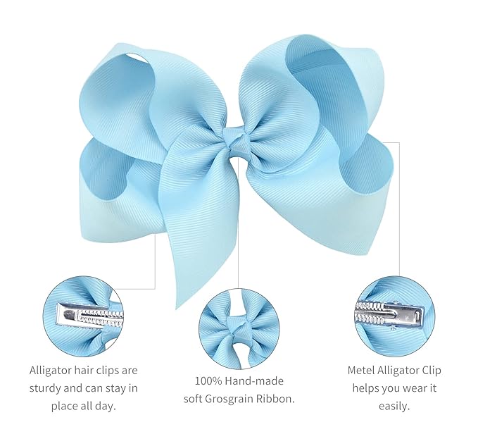 DEEKA 2 PCS 6" Big Hand-made Grosgrain Ribbon Solid Color Hair Bows Alligator Clips Hair Accessories for Little Teen Toddler Girls Kids Set of 2 -Light Blue