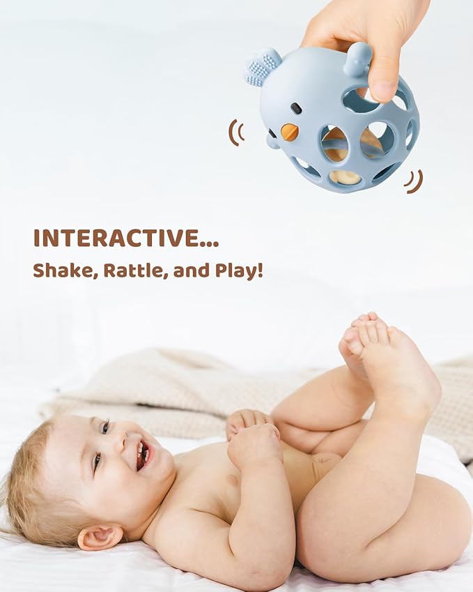 ChooKaChoo 2-in-1 Baby Teething Rattle Toy, Sensory Grasping Teether for Infants 3-12 Months, 100% Food-Grade Silicone, Easy to Hold, Soothing & Developmental, BPA Free