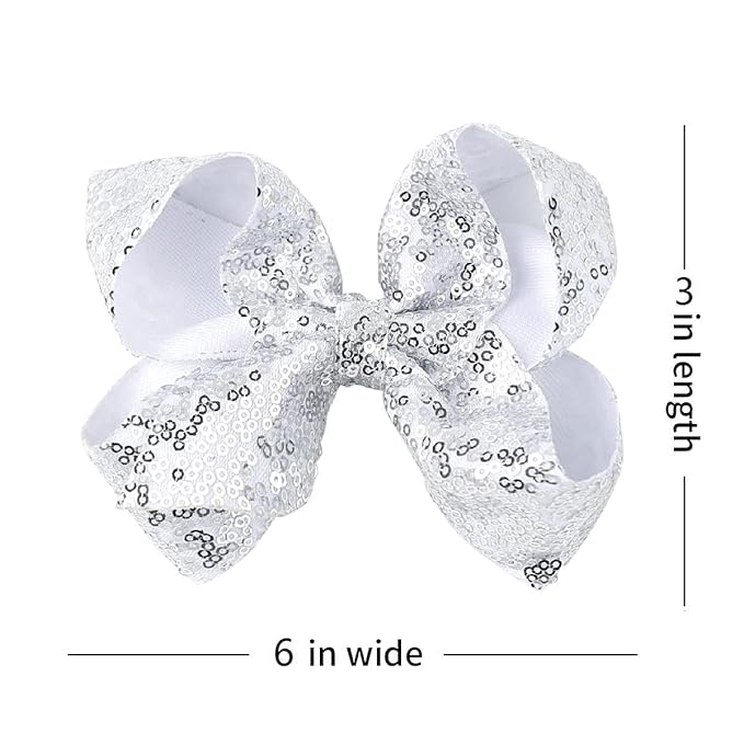 6 Inch Silver Sparkly Glitter Sequin Hair Bows for Girls Toddlers Kids Children Teenage (2PCS)