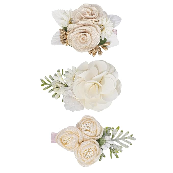 3pcs Girls Flower Hair Clips, Floral Hair Barrettes w/Boutique Fully Lined Alligator, Hair Bows for Baby Newborn Toddler