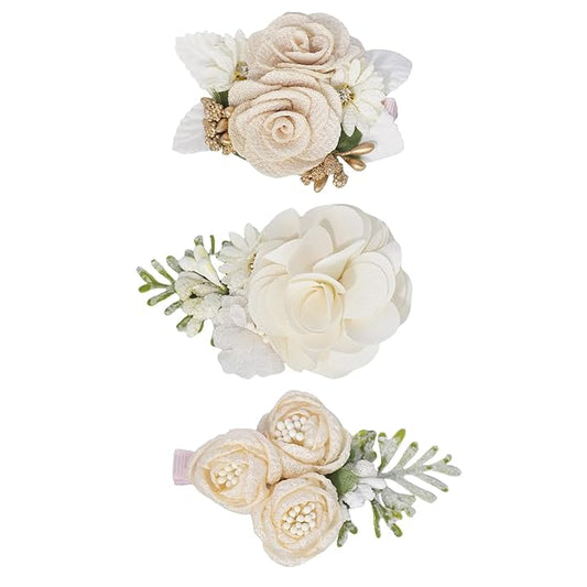 3pcs Girls Flower Hair Clips, Floral Hair Barrettes w/Boutique Fully Lined Alligator, Hair Bows for Baby Newborn Toddler