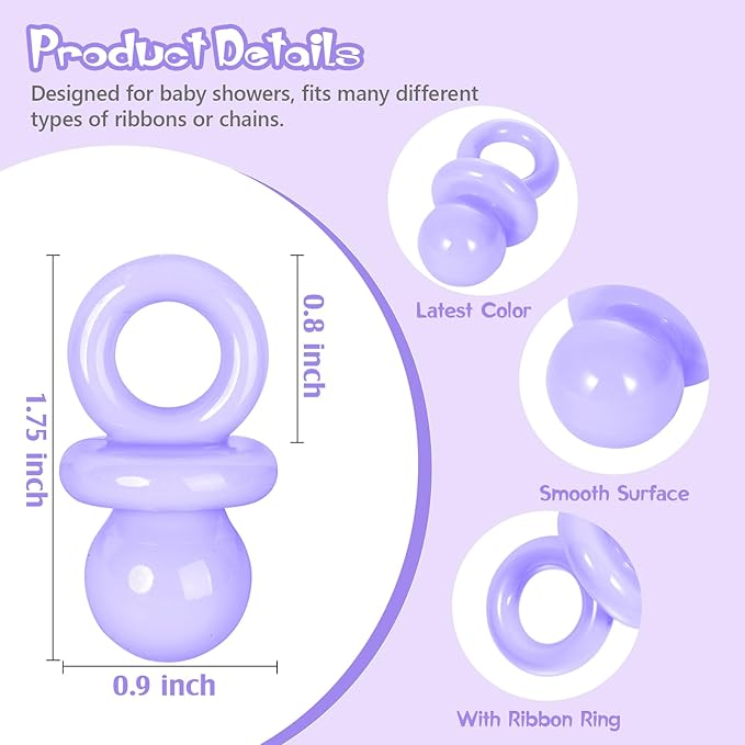 36 PCS Plastic Pacifiers for Baby Shower Game Girl, 1.75 Inch Cute Baby Shower Pacifiers for Decoration DIY, Gender Reveal Table Scatter, Pacifier Hunt Games, Party Favors(Purple)