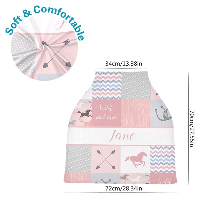 Personalized Baby Car Seat Cover for Baby Girls, Custom Nursing Covers for Breastfeeding with Name, Horse Pink Infant Stroller Cover, Baby Carseat Canopy for Newborn, Multiuse Car Seat Canopies