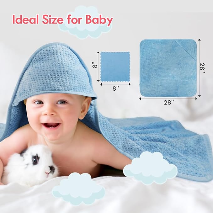 Orighty Baby Hooded Towel with Five Washcloths, 28 x 28 Inch Super Soft Bath Towel with Hood for Babies, Infant, Newborn Essential - Ideal Baby Stuff Registry for Boys and Girls (Blue)