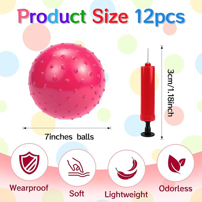 12PCS Bouncy Balls for Kids Toddlers, 7 Inch Sensory Balls Spiky Massage Stress Ball Bulk with Air Pump, Indoor Outdoor Sports Sensory Toys & Party Favors(Pink)