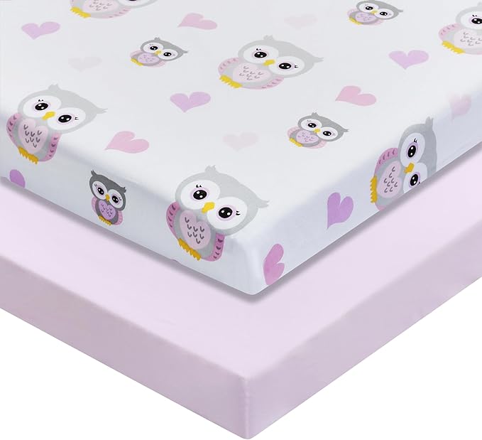 2 Pack n Play Mattress Sheets – 100% Percale Weave Cotton Soft Portable Crib Mattress Sheets for Girls with Owls/Hearts and Solid Pink Design; 2 Pc Playpen Mattress or Mini Crib Sheet Fitted Set