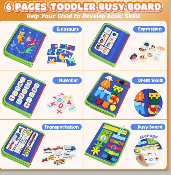 URMYWO Toddler Busy Board - Busy Book Montessori Toys Ages 3 and up - Preschool Learning Activities with Alphabet Number Animal, Educational Travel Toys Birthday Gifts for Kids