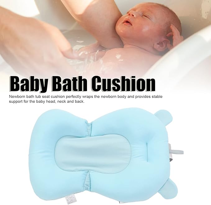 Baby Bath Cushion Pad Newborn Bathtub Mat, Nonslip Floating Seat with Support for Head, Neck, and Back,Sling, 0-12 Months (Blue Bear)