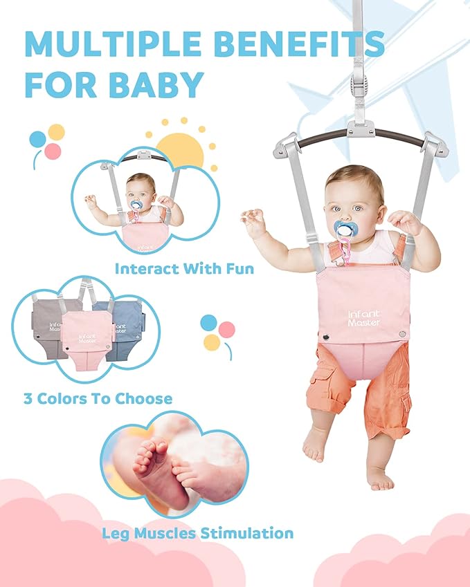 Infant Master Doorway Jumper, Durable Bumper Jumper w/Adjustable Height, Funny Baby Doorway Swing Bouncer w/Seat Bag, Popular Gift for Infant & Toddler, Portable and Free Installation, Pink