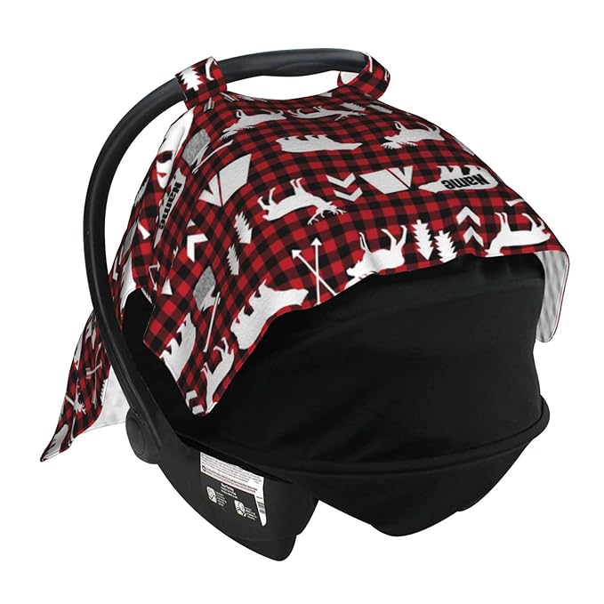 Personalized Baby Name Car Seat Covers for Babies, Custom Car seat Canopy, Peekaboo Opening Breastfeeding Cover Infant Canopies for Baby Boys Girls Newborn (Red Plaid, Woodland Deer and Bear)