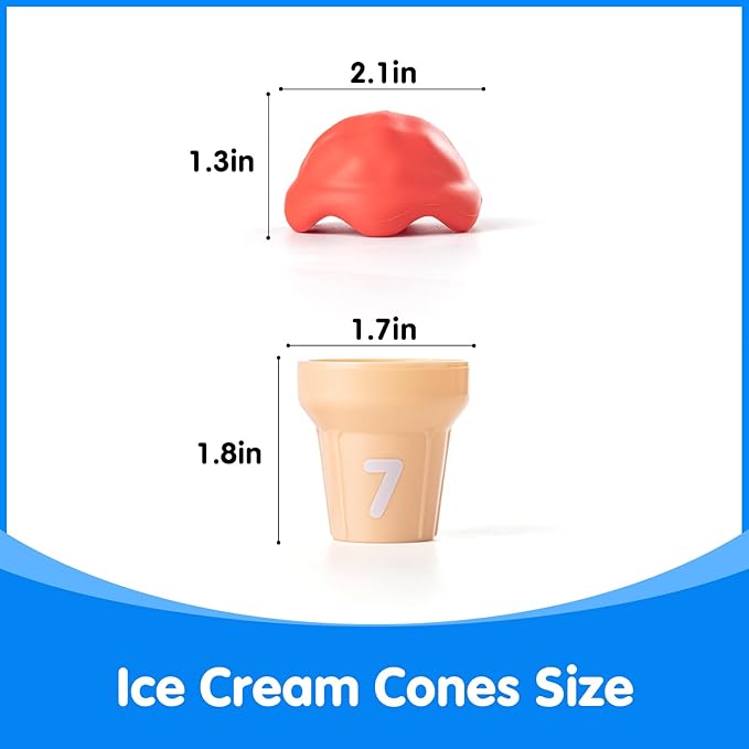 Ice Cream Counting Cones 1-10 – Number Matching Toy for Toddlers – 10 Cones + 10 Stacking Scoops, Educational Preschool Learning