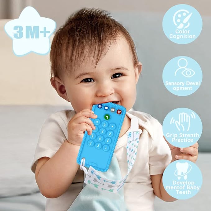 Teething Toys for Babies 0-6 Months, Teething Toys for Babies 6-12 Months,Phone Teether for Baby,Cellphone Shape Chew Toys for Toddler Boys and Girls(Blue+Purple)