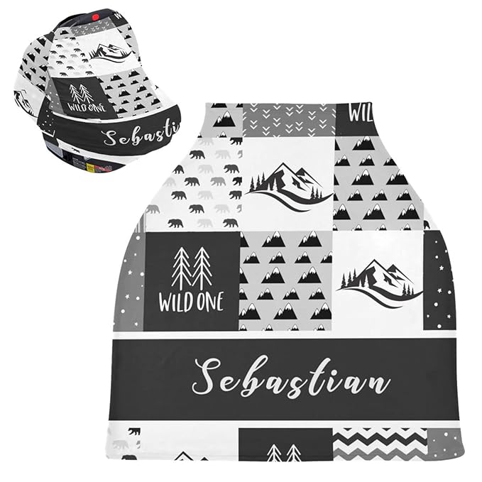Multi-Use Baby Car Seat Cover Personalized, Customized Nursing Cover with Name, Breathable Breastfeeding Covers Soft Infant Stroller Canopy, Gift for Newborn Boys Girls, Mountain