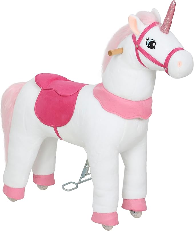 Qaba Ride on Horse for Kids 4-7 Years, 37.8 Inch Height Plush Riding Unicorn, Walking Horse Animal with Rolling Wheels for Active Play, No Batteries Required, White
