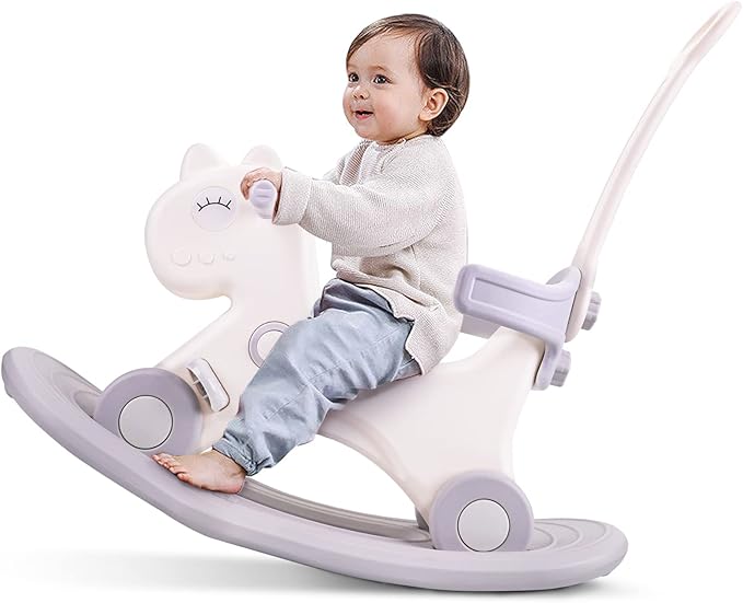4 in 1 Rocking Horse for Toddlers 1-3 Years Old, Baby Rocking Toy Fun Birthday Gift for 1+ Kids, Ride on Toy with Detachable Balance Board and Footrest, Balance Bike with Push Handle, White