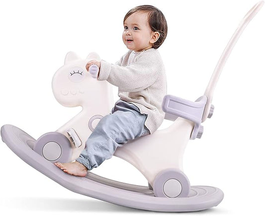4 in 1 Rocking Horse for Toddlers 1-3 Years Old, Baby Rocking Toy Fun Birthday Gift for 1+ Kids, Ride on Toy with Detachable Balance Board and Footrest, Balance Bike with Push Handle, White