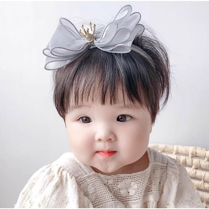 Cute Baby Girl Headband with Lace Bow and Crown Elastic Lace Bow Hair Band Newborn to Toddler Hair Accessory Shower Birthday Party Gift (Gray, Free)