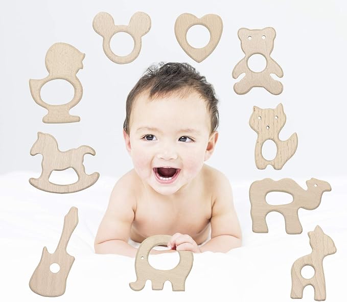 Baby Teething Toys Penta Angel 10Pcs Natural Wooden Teething Animal Rings for Newborn Toddler Infant (10)