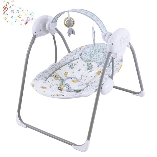 Baby Swing for Infant,Newborn Swing with Music,5 Speed Levels,Timing Setting,Soft Cushion,Foldable Infant Swing with with Hanging Planets Toy & Mirror for Indoor Outdoor Use 0-9 Months