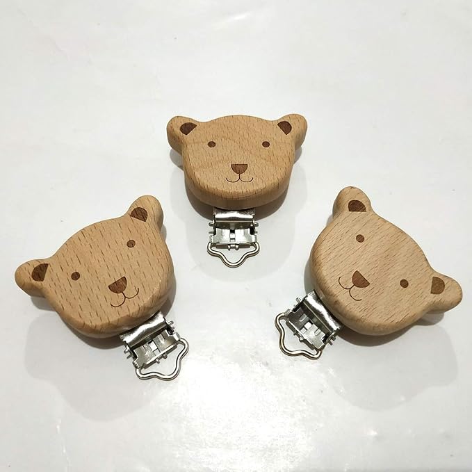 20pcs Natural Wood Suspender Pacifier Clips Cute Beech Wooden Animal Bear Shape Clips DIY Beading Pacifier Chain Accessory