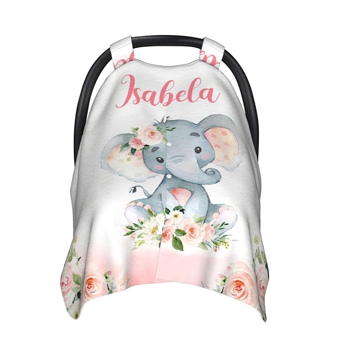 Personalized Baby Car Seat Canopy for Babies, Custom Name Car Seat Covers for Baby Girl, Elephant Rose Pink Opening Minky Nursing Breastfeeding Cover for Infant, Carseat Canopies for Newborn