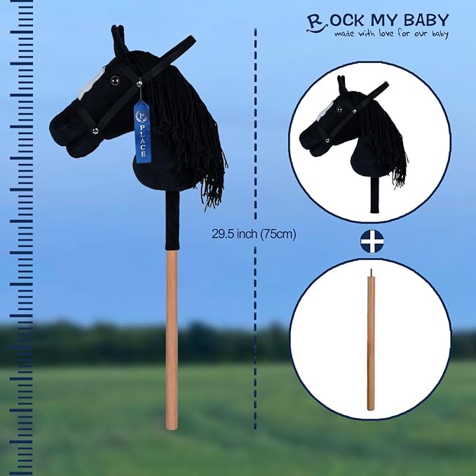 ROCK MY BABY Hobby Horse Plush Stuffed Stick Horse with Award Ribbon for Boys and Girls 3+ Fun Toys for Pretend Play (Black) CPC Certified