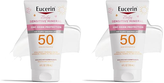 Eucerin Sun Sensitive Mineral Baby Sunscreen Lotion SPF 50 with Zinc Oxide Protection,Hypoallergenic Mineral Sunscreen for Babies,Tear Free and Fragrance Free,4 Fl Oz Tube,(Pack of 2)
