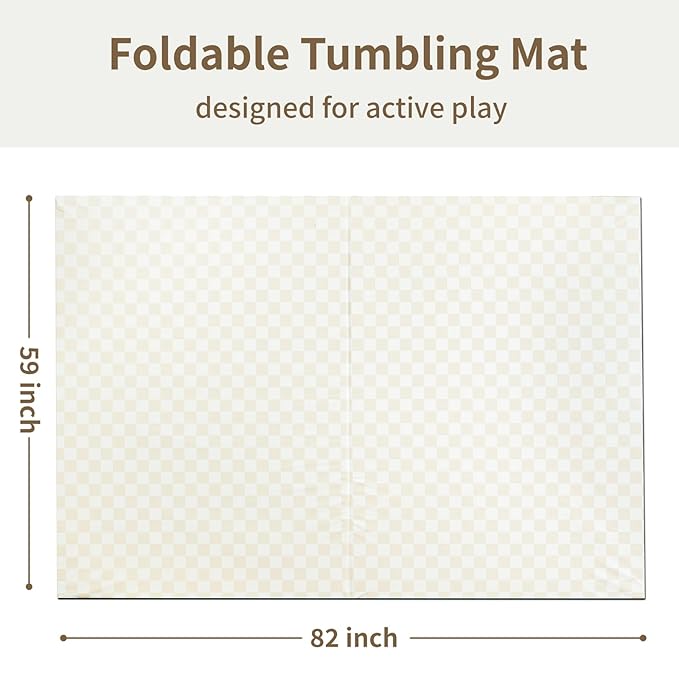 Large Vegan Leather Baby Play Mat for Floor,1.3"Thick Foam 59x82 Foldable Waterproof Kids Play Mat,Stylish and Just Wipe-Clean Playmat for Baby Play on Floor (Beige Checker)