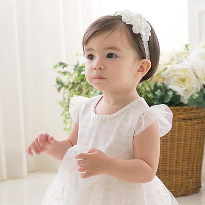 Baby Girls Hairband White Bow Lace Headbands Handmade Soft Stretchy Wide Head Band Newborn Hairbands with Bows Pearls Elastic Headband for Infant Hair Accessories（White Flower）