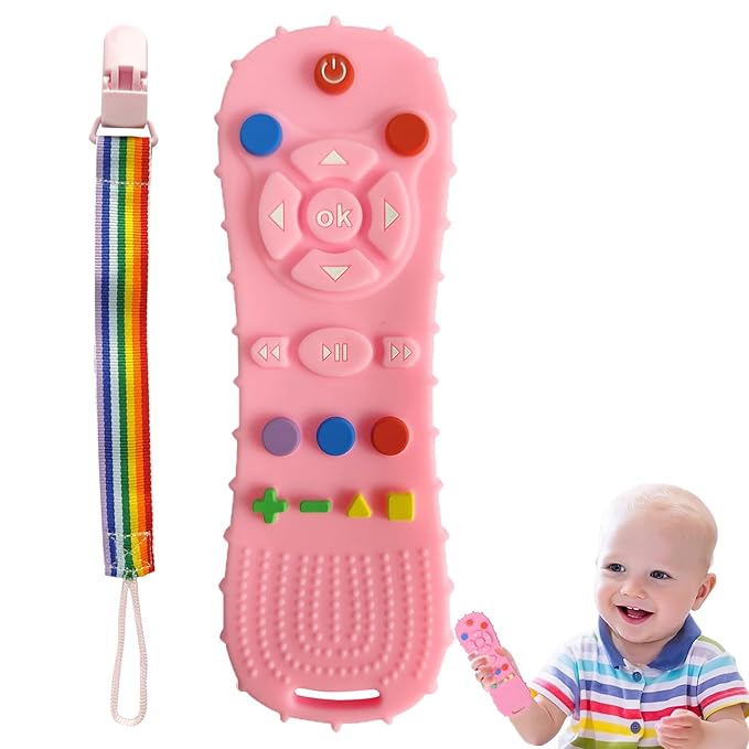 BEBECAN Silicone Remote Teething Toy for Baby – Safe Rubber Remote Chew Toy for Baby 3-24 Months, TV Remote Baby Toy Teether Remote Control Shape (Pink)