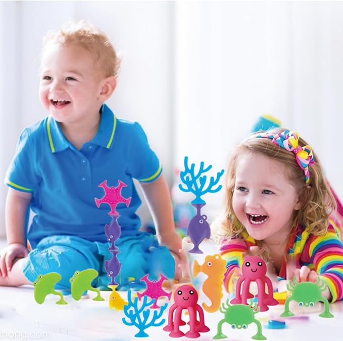 Suction Bath Toys for Kids, 9 PCS Silicone Ocean Animal Suction Cup Toys, Mold Free No Hole Bathtub Toy, Sensory Window Building Toy Gifts for Toddler Children Kids Over 3 Years